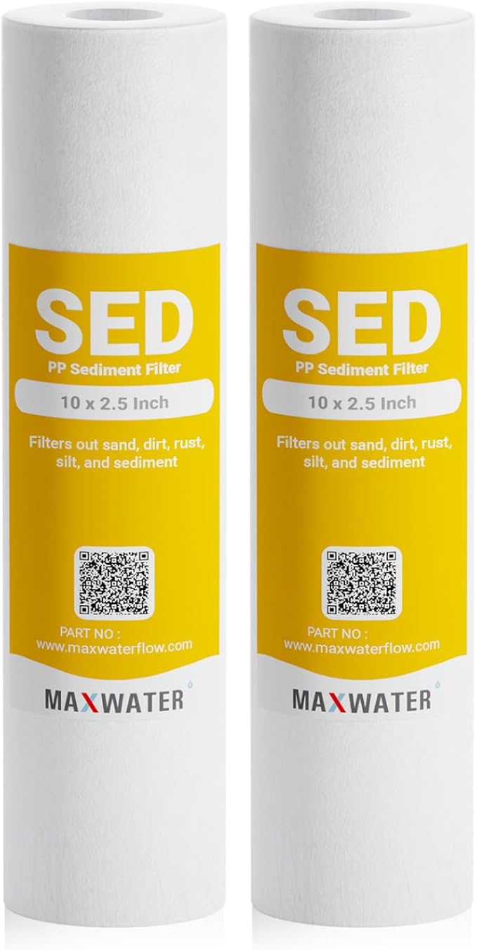Max Water 10 Micron 10 x 2.5 Sediment Filter Cartridge Replacement for Reverse Osmosis and Whole House Water Filter, Compatible with Well Water Filters P5, AP110, WHKF-GD05, GE FXUSC, RS14-SS, 2 Pack