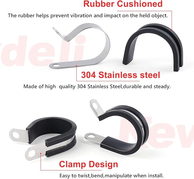 Newdeli 125Pcs Cable Clamps Assortment Kit 12 Sizes 3/16" 1/4" 5/16" 3/8" 1/2" 5/8" 3/4" 1" 1-1/4" 1-1/2" 1-3/4" 2" Stainless Steel Rubber Cushioned Hose Clamp Insulated Automotive Wire Pipe Clamps