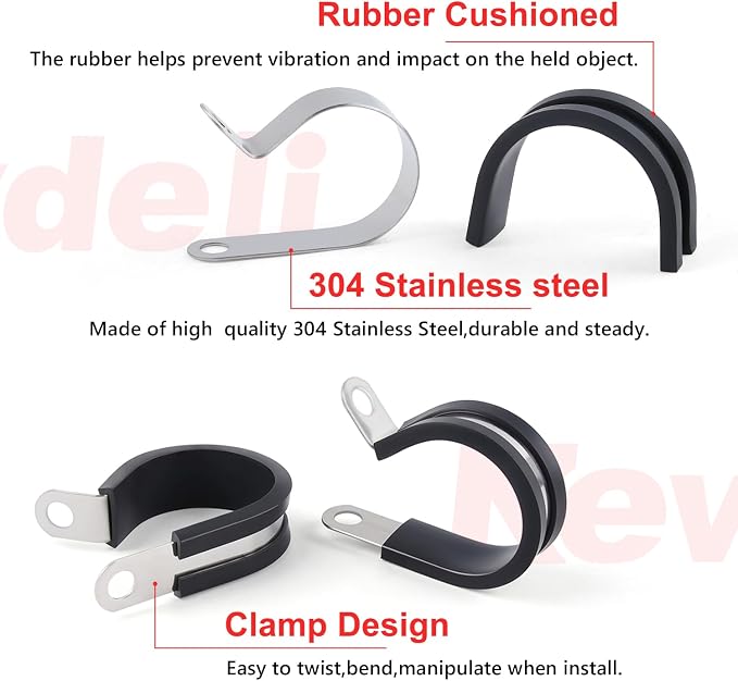 Newdeli 110Pcs Cable Clamps Assortment Kit 10 Sizes 1/4" 5/16" 3/8" 1/2" 5/8" 3/4" 1" 1-1/4" 1-1/2" 1-3/4" Stainless Steel Cable Clamp Rubber Cushioned Hose Clamp Insulated Automotive Wire Pipe Clamps