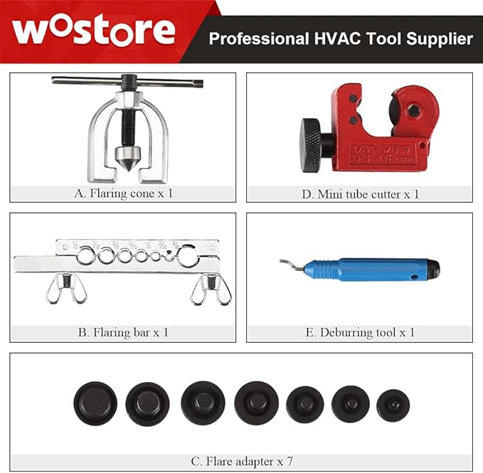 Wostore Double Flaring Tool Kit for 45° Single Double Flares with 7 Adapters, Brake Flare Tool with Tube Cutter Deburring Tool for Copper Brake Line, Hydraulic System, Copper Tubing Flare Kit