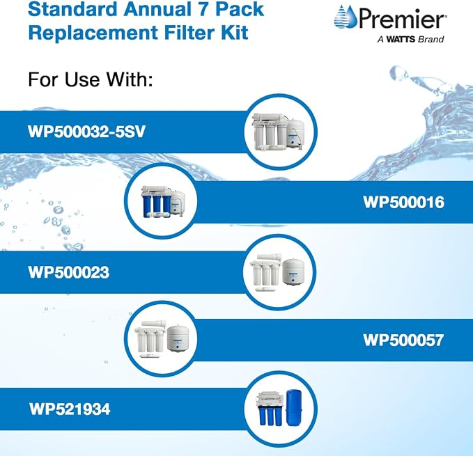 Watts Premier Annual 7-Pack Standard Water Filter Replacement Kit for RO-TFM-5SV, WP-ST6DM, WP-5, WP5-50 Reverse Osmosis System, 2 Sediment Filters, 4 Carbon Pre-Filters, GAC Inline Post-Filter