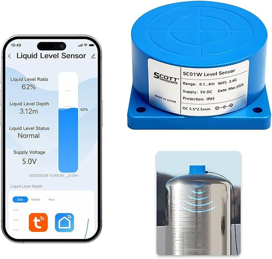 SCOTTSENSORS SC01W Smart Sensor Blue WiFi Ultrasonic Water Level Measurement IP66 Liquid Level Monitoring Sensor Controller Automatic Alarm Indicator