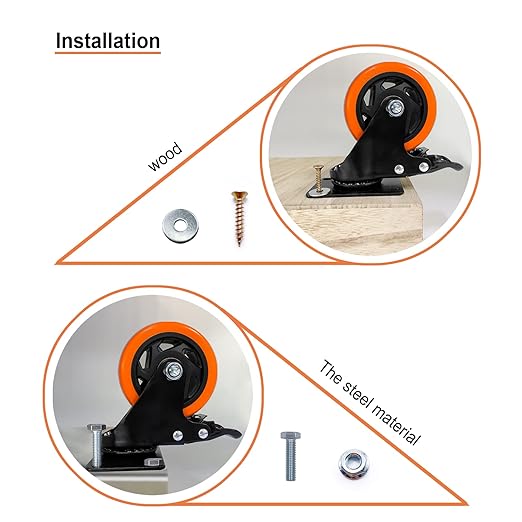 4" Caster Wheels, Casters Set of 8 Heavy Duty - Orange Polyurethane Castors, Top Plate Swivel Wheels, 8 Pack Industrial Casters with Brake, Locking Caster for Furniture and Workbench