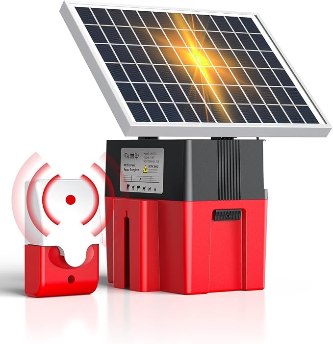 Solar-Powered Electric Fence Charger with Alarm,1.2 Joule Output, Up to 20 Miles Coverage,12000mAh Battery &10W Solar Panel Energizer for Livestock & Predator Deterrence