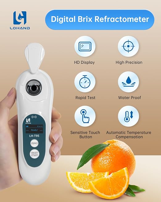 3-in-1 Digital Brix Refractometer with ATC/Refractive Index(RI), 0-95% Brix Measurement Range, High Accuracy Fast Touchscreen Test for Honey/Maple Syrup/Fruit Juice/Coffee | Digital Brix Refractometer with ATC 0-95%
