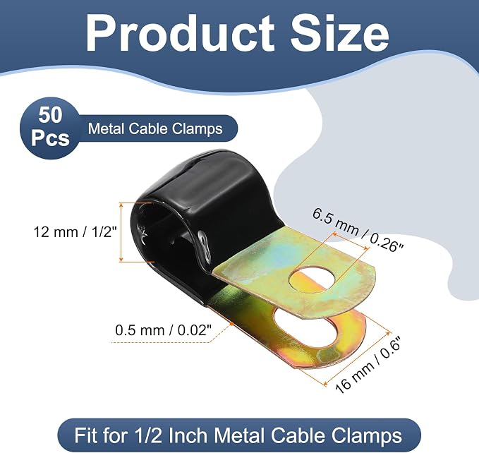 PATIKIL 1/2 Inch Vinyl Coated Cable Clamps, 50 Pack Galvanized Steel Metal Cable Clips Rubber Cushion Insulated Pipe Clamps for Tube Lines Cord Wire Management, Black