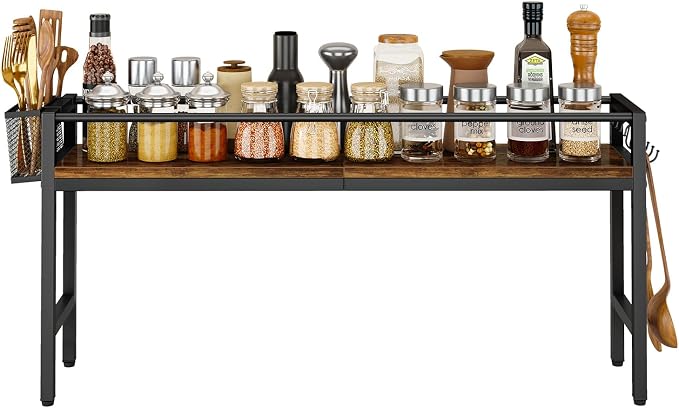 YMYNY 32.5" Spice Rack Over Stove Kitchen Organizer Vintage Brown UHSR008H | With 4 hooks & side basket, this shelf adds extra countertop storage for spices, utensils, oil bottles and kitchen essentials