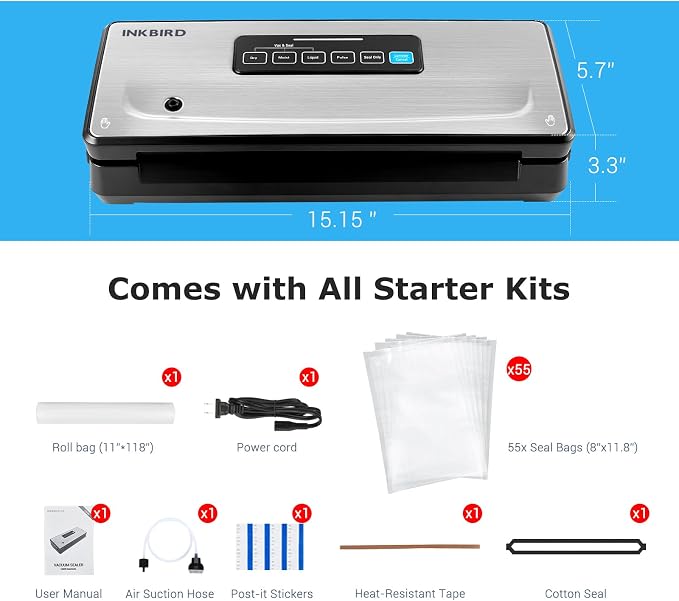Vacuum Sealer Machine with 55 Count 8''*12'' Food Sealer Bags and 11''*118'' Vacuum Roll, INKBIRD Vacuum Sealing Machine with Dry|Moist|Liquid|Pulse Sealing Modes for Food Preservation