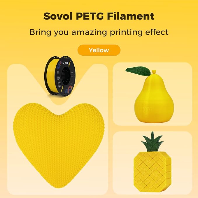 Sovol 3D Printer PETG Filament 1.75mm 1KG (2.2lbs), High Precision, Strong Toughness, Wiring Tightness, Dimensional Accuracy +/- 0.03 mm, 3D Printing PETG Filaments, Yellow