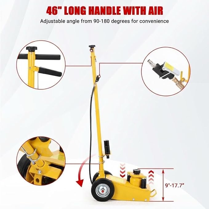 Air Hydraulic Floor Jack, 22-Ton(44,000 LBS) Low Profile 9 Inch Heavy Duty Jack for Trucks & Tractors, Dual Power Air/Manual Hydraulic with 4 Adapters, Adjustable 46" Handle & Rubber Wheels