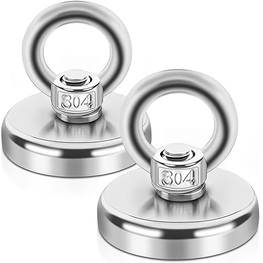Lift Fishing Magnets, Large Rare Earth Neodymium Salvage Magnets for Removing with Durable Rope, Carabiner, Gloves, Grappling Hook & Carry Case, D1.26''(32 mm) 2 Pcs