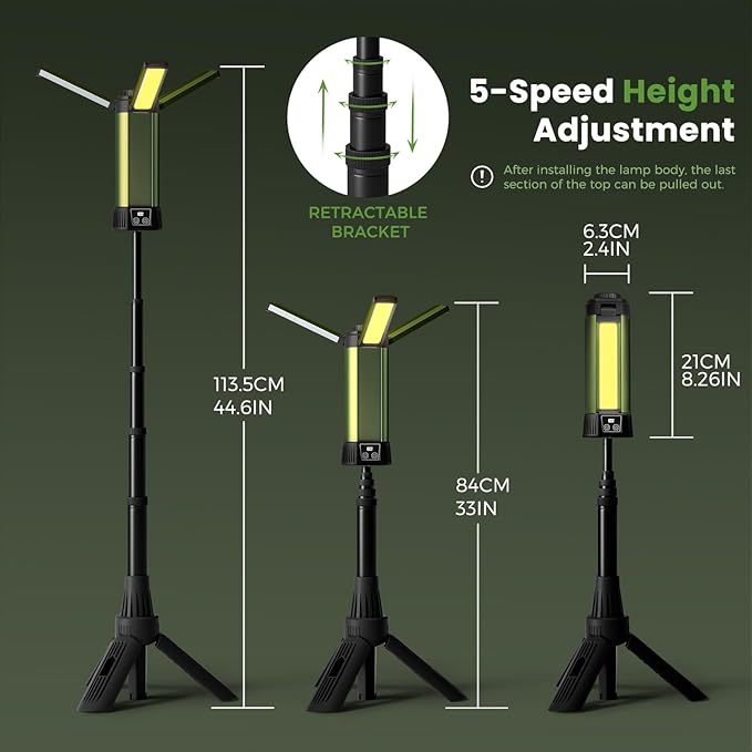 Rechargeable Work Light with Stand, Magnetic Base, Hook & Tripod (Middle) | 6000mAh battery, Telescopic tripod, Magnetic base, Hanging hook, 3 metal floor spikes, Storage bag, Camping