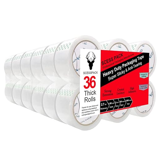 Packing Tape (36 Rolls),2.7mil, Heavy Duty Packaging Tape for Shipping Moving Sealing, 1.88 Inch x 60 yd Per Roll, Total 1080 Yards (36)