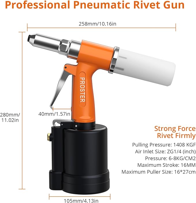 Proster Pneumatic Tool Air Riveter - 4 Nozzles Pneumatic Rivet Gun, 6-8KG/C2 Heavy-Duty Air Pop Riveter for 3/32", 1/8", 5/32", 3/16" Capacity 3104LBF
