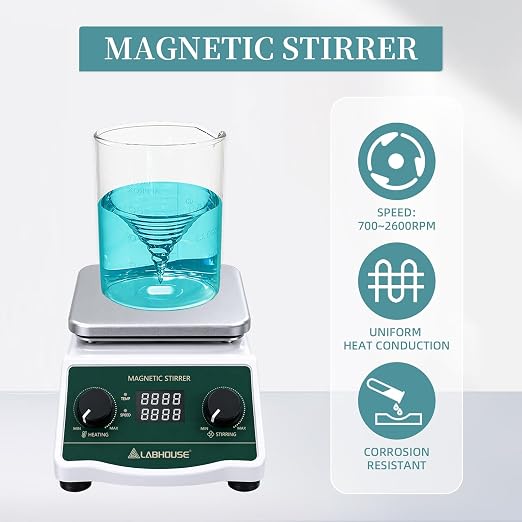 LHS-2S Digital Magnetic Stirrer Hot Plate, 100°C, 700-2600RPM, 2L | Max. settable temp 100°C/ 212℉, non-removable probe, Heated mixer lab stirring, PTFE stir bar, bar recycler, support stand
