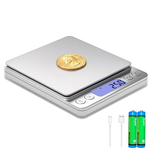 SKEAP 1kg/0.01g Gram Scale 0.01g Accuracy, Silver Food Scales Kitchen Digital Weight Grams & OZ, Jewelry Scale, High Accuracy Gram Scale, Digital Scale with Charging,Batteries and USB Cable Included