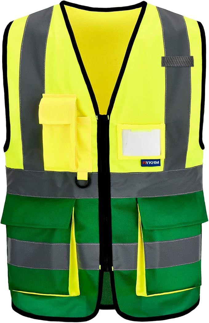 A-SAFETY yellow green work vest | Yellow/Green 2XL work vest with 7 pockets, clear ID pocket and radio mic loop for property maintenance; unisex workwear.