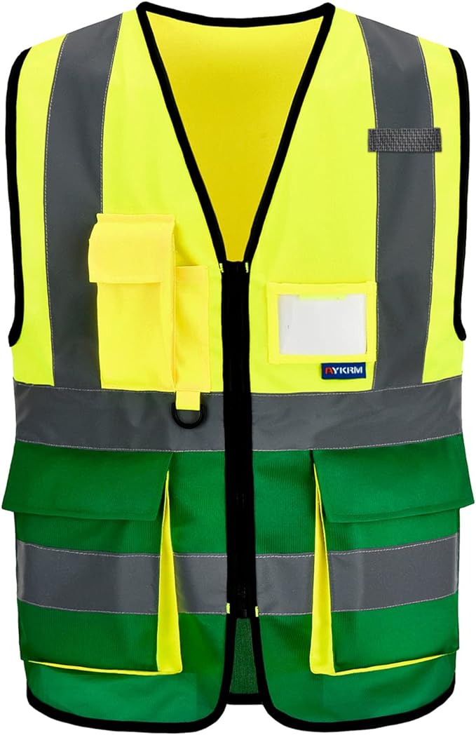 A-SAFETY Reflective Construction Vest, Radio Loop, Zipper, Yellow/Green, S | Yellow/Green S Polyester work vest with transparent ID pocket, radio mic loop and reflective strips for property maintenance.