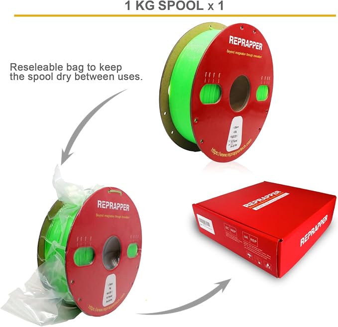 RepRapper Glow in the Dark Green PLA Filament 1.75mm (+- 0.03mm) 2.2lb (1kg) for 3D Printer, Phosphorescent Glow PLA Green Color