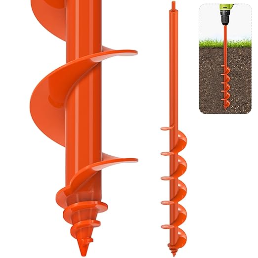 SELEWARE Auger Drill Bit for Planting 3"x32" Drill Auger for 3/8" Hex Drive | Orange Heavy-Duty Steel Garden Auger Drill Bit, Bulb Planter Tool, Auger Post Hole Digger for Bulbs, Flowers, Fence Posts