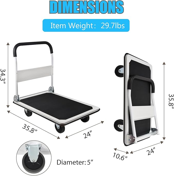 LEADALLWAY Platform Truck with 2 Ropes,Large Size,35.8x24x34.3 inches | 880lbs Heavy Duty, Foldable, Push Cart,White