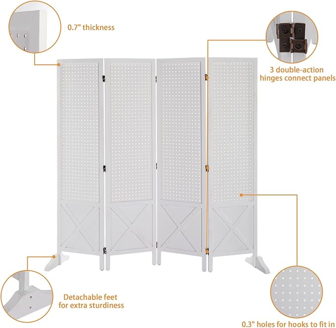VINGLI Freestanding Pegboard with Support Feet, 5 FT Wood Room Divider Display Board Organizer, Folding Privacy Screen Partition Space Separator for Craft Shows Events Retail (White, 4 Panel)
