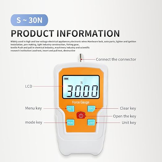 Digital Force Gauge Push and Pull Meter Dynamometer Tension Pressure Tester Thrust Meter Compression Load Plug Force Destructive Tests 30N/3kg/6.5lb/108Oz