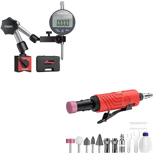 XUNTOP Professional Machining Workshop Kit: 0-1" Dial Digital Indicator with Magnetic Base & 25000Rpm Pneumatic Air Die Grinder Kit, for Precision Measurement, Polishing, Deburring on Lathe, CNC