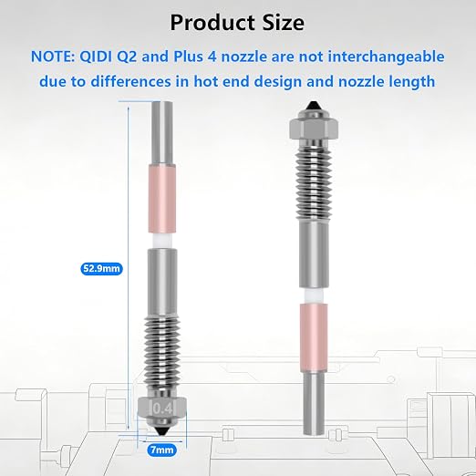 2PCS 0.4mm Bimetal Nozzle for QIDI Q2/Q2C, Quick-Swap Integrated Ceramic Throat Tube Hardened Steel Nozzle All-Metal High Temperature Resistant Hotend Nozzles Replacement for QIDI Q2 3D Printer