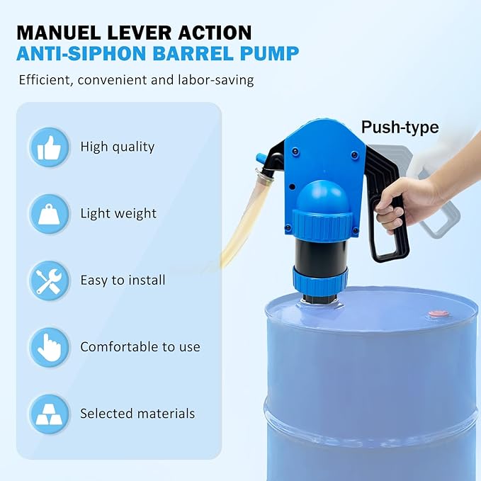 Lever Action Drum Pump，Manual Barrel Pump for water/oil/liquids，55-gallon siphon pump includes 6.56 feet of 3/4-inch corrugated hose
