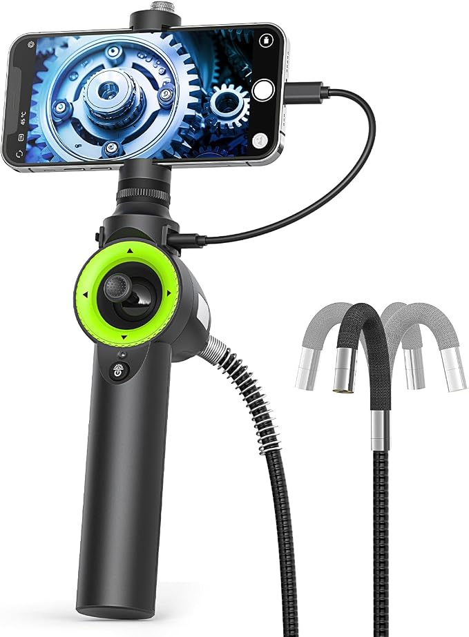 Anykit 360° 4 Ways Articulating Borescope, Industrial Endoscope with 0.26 in Articulated Snake Camera, Inspection Camera with 6 Adjustable LED Lights Compatible with Phone and Android - 3.3 FT