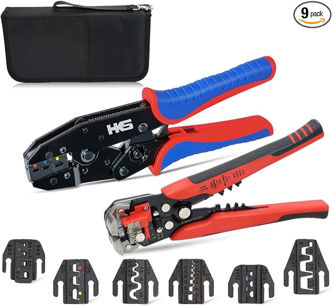 HKS Ratcheting Crimping Tool Set 9 PCS with Automatic Wire Stripper and Quick Exchange Jaw for Heat Shrink Terminals, Open Barrel, Solar Connector, Insulated and Non-Insulated Ferrules AWG 20-2