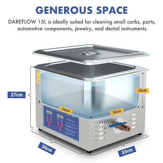 2024 Upgrade 600W Heated Ultrasonic Cleaner 15L Stainless Steel Sonic Bath for Guns Carburetors Injectors Parts and PCB with Free Rubber Gloves Gifts Use in Automotive and Firearm Industry DAREFLOW