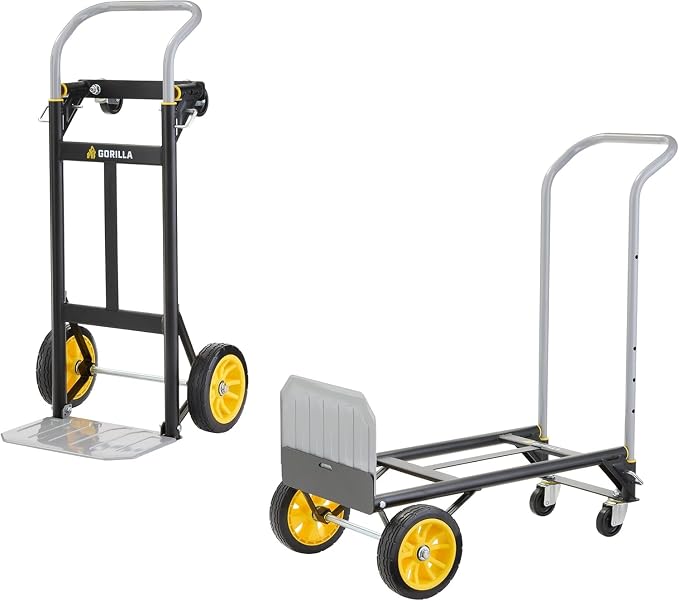 Gorilla 400 lbs. Convertible Steel Hand Truck, Simple Flatbed Conversion; Wide Grip Telescoping Handle, Flat-Free Tires