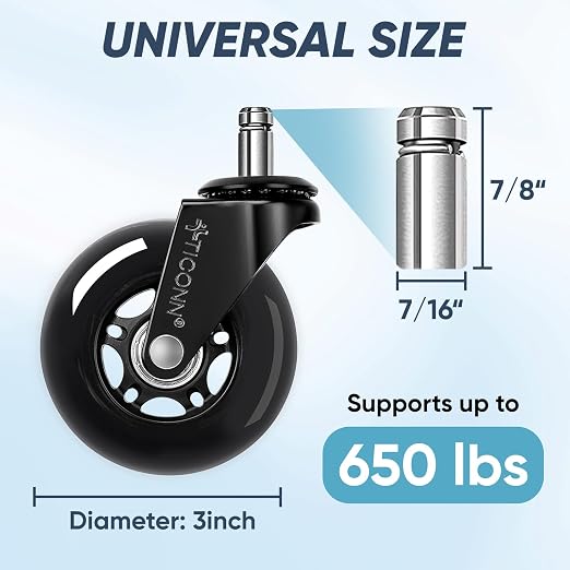 TICONN Office Chair Caster Wheels Set of 5 for Tile, Hardwood Floors and Carpets, Universal Fit for Most Chairs (Black)