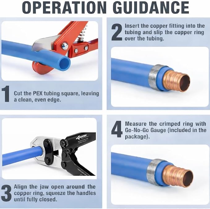 KF CPTEC PEX Crimping Tool, Forged Steel Heavy-Duty Crimper for Copper Crimp Rings (1/2 Inch & 3/4 Inch), Includes Go/No-Go Gauge, ASTM F1807 Compliant Plumbing Tool
