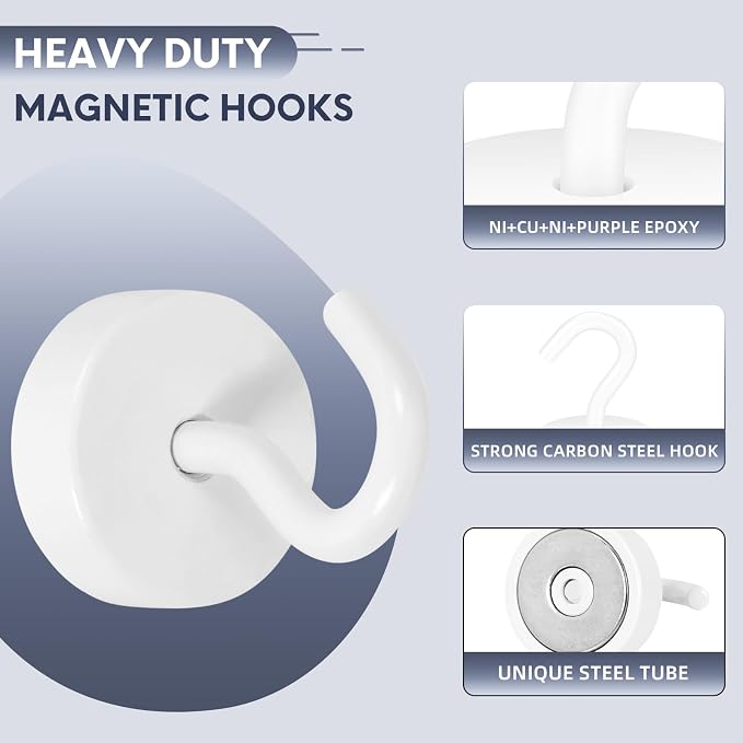 Neosmuk Magnetic Hooks, Cruise Ship Essentials, 40lb+ Heavy Duty Magnetic Hooks for Cruise Cabins, Refrigerator, Grill, Hanging, and Travel | Extra Strong Must-Haves Magnet Hook,White,Pack of 20