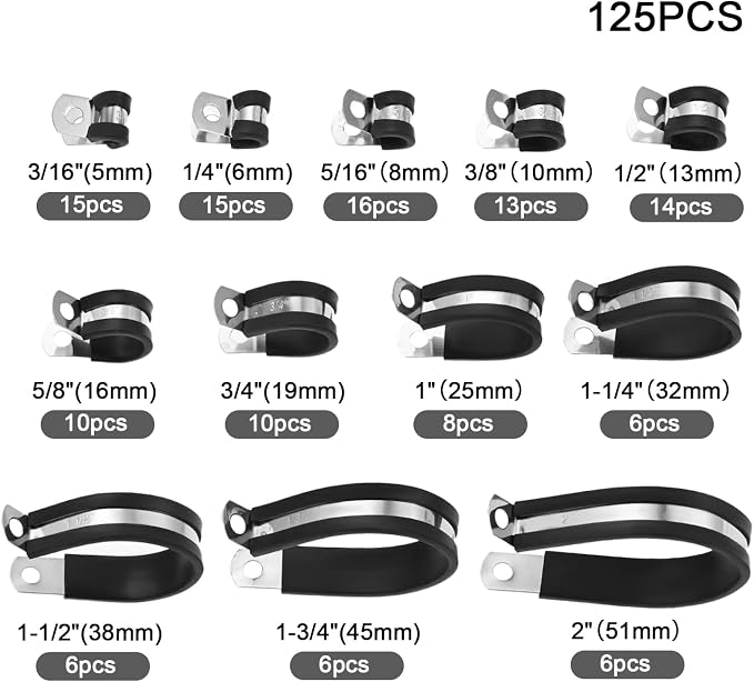 dophee 125Pcs Cable Clamps Assortment Kit 12 Sizes 304 Stainless Steel Wire Clips Rubber Insulated Cushioned Pipe Hose Clamps 3/16" 1/4" 5/16" 3/8" 1/2" 5/8" 3/4" 1" 1-1/4" 1-1/2" 1-3/4" 2"