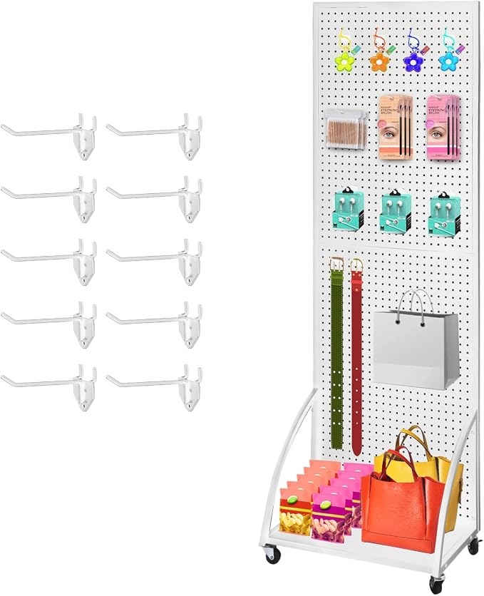NectaCol 2'x 6' Metal Pegboard Display Stand with a Plate, Peg Board Panels, Standing Pegboard Display, Craft Fair Display Rack, Art Display Stand, Extra 10 pieces Hooks - White