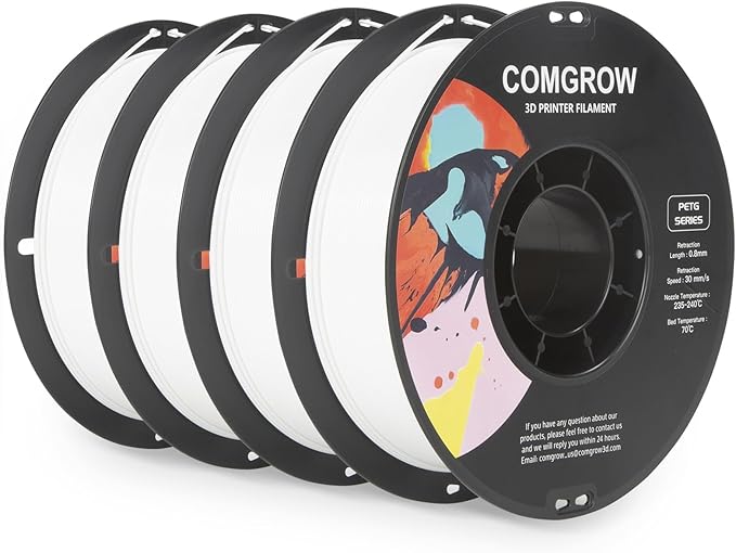 Comgrow PETG 3D Printer Filament 1.75mm, High Precision and Tough 3D Printer Filament 4 * 1kg Spool, Dimensional Accuracy +/- 0.02 mm, Fit Most 3D Printers White