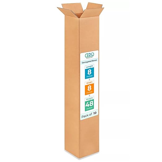 Tall Moving & Shipping Boxes 8x8x48 inches (10-Pack) - Extra Strength 200 lb vs Regular - USA-Made Corrugated Moving Boxes for USPS/UPS/FEDEX - Packing Box - Moving Cardboard Box by IDL Packaging