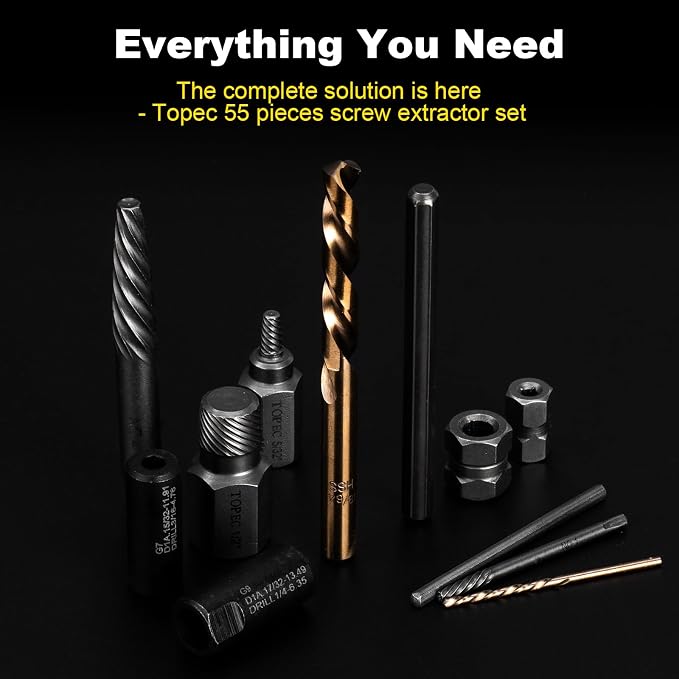 Topec 55-Piece Screw Extractor & Broken Bolt Extractors, Multi-Spline Extractors, and Drill Bits for Removing Damaged, Frozen, Rusted, Rounded-Off Bolts & Screws