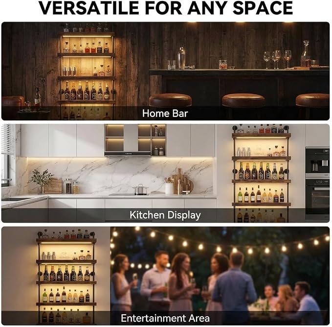 5-Tier Wall Mounted Wine Rack with LED, Industrial Pipe Bar Shelf for Wine Bottle Storage, Industrial Pipe Shelves Shelf Shelving for Home Bar Dining Room Kitchen (24INCH-LED)