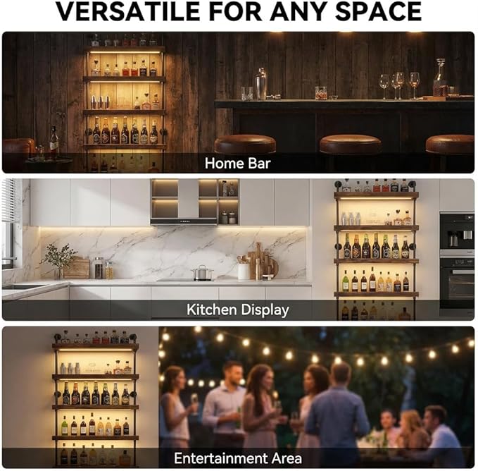 5-Tier Wall Mounted Wine Rack with LED, Industrial Pipe Bar Shelf for Wine Bottle Storage, Industrial Pipe Shelves Shelf Shelving for Home Bar Dining Room Kitchen (40INCH-LED)