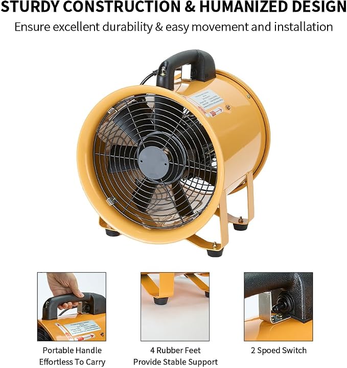 10 Inch Utility Blower Fan 3300RPM Ventilator 2580m3/h High Velocity Portable Industrial Extractor With 25 ft Flexible Duct Hose