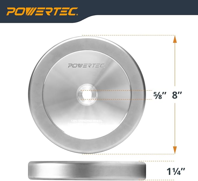 POWERTEC CBN Grinding Wheel 8 Inch 600 Grit, 1-1/4" Wide, 5/8" Arbor – 4-in-1 CBN Sharpening Wheel with 1/4" Radius Edge and Side Face for Bench Grinder (15706)