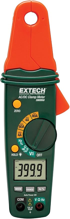 Extech 380950 Mini AC/DC 80A Clamp Meter | 0.5in jaw, 1mA resolution, AC/DC voltage, resistance, frequency, capacitance, diode, leads, case