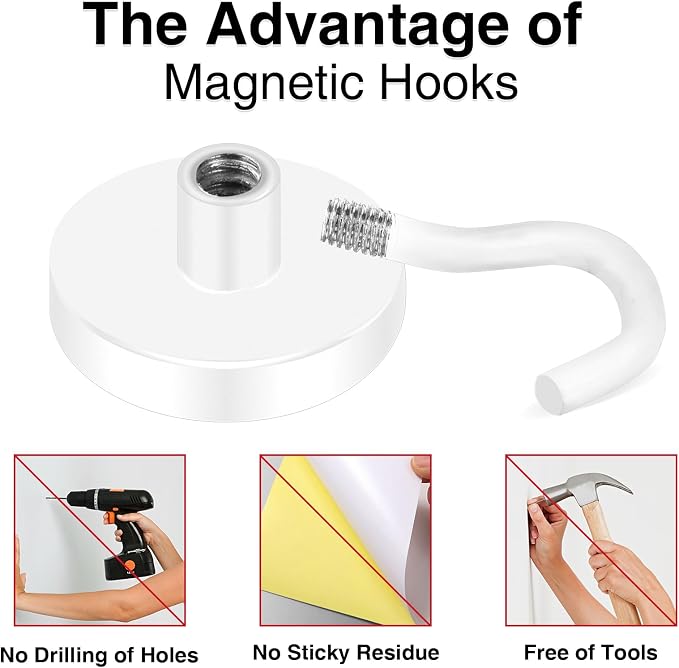 MIKEDE Magnetic Hooks Heavy Duty 170LB Super Strong Hooks for Cruise | Neodymium Earth Magnets with Hook for Hanging Magnetic Metal Hanger for Fridge Toolbox Storage White 4 Pack