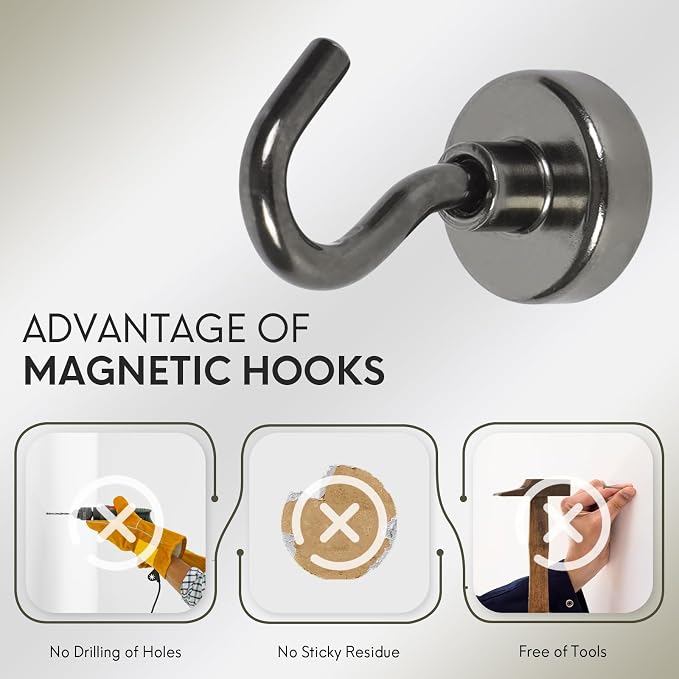Neosmuk Magnetic Hooks, Cruise Ship Essentials, 30lb+ Heavy Duty Magnetic Hooks for Cruise Cabins, Refrigerator, Grill, Hanging, and Travel | Extra Strong Must-Haves Magnet Hook,Gunmetal