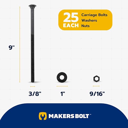 3/8" x 9" (25 Pack) Black Carriage Bolt Kit, Grade 307A, Ceramic Coated for Exterior Use, 2X Rust Resistance of Galvanized by Makers Bolt